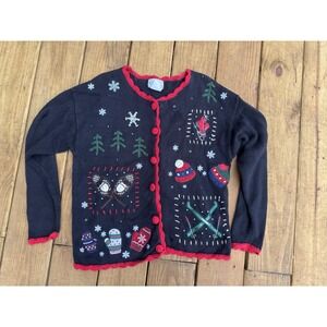 Vintage 90s Black Christmas Winter Ski Embroidered Beaded Sweater Cardigan Small